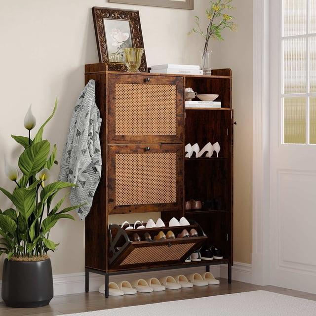 Bingirl Rattan Shoe Storage Cabinet with 3 Flip Drawers - Freestanding Organizer with Adjustable Shelves for Entryway, Hallway Shoe Rack