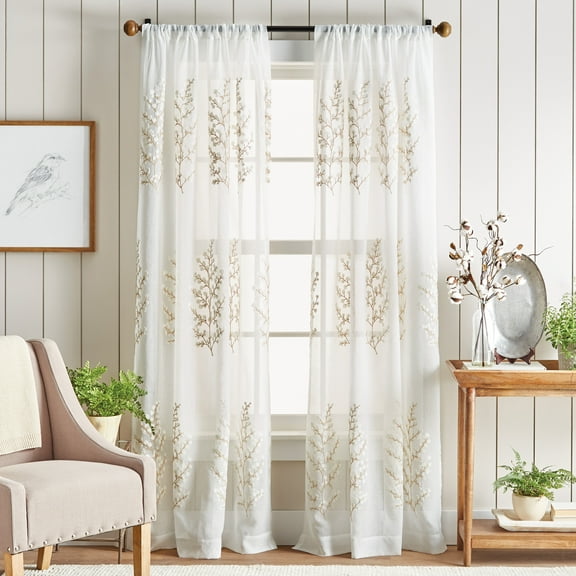 Martha Stewart Georgia Embroidery Polyester Sheer Poletop Curtain Panel Pair, Ivory, 50"x95", Adult