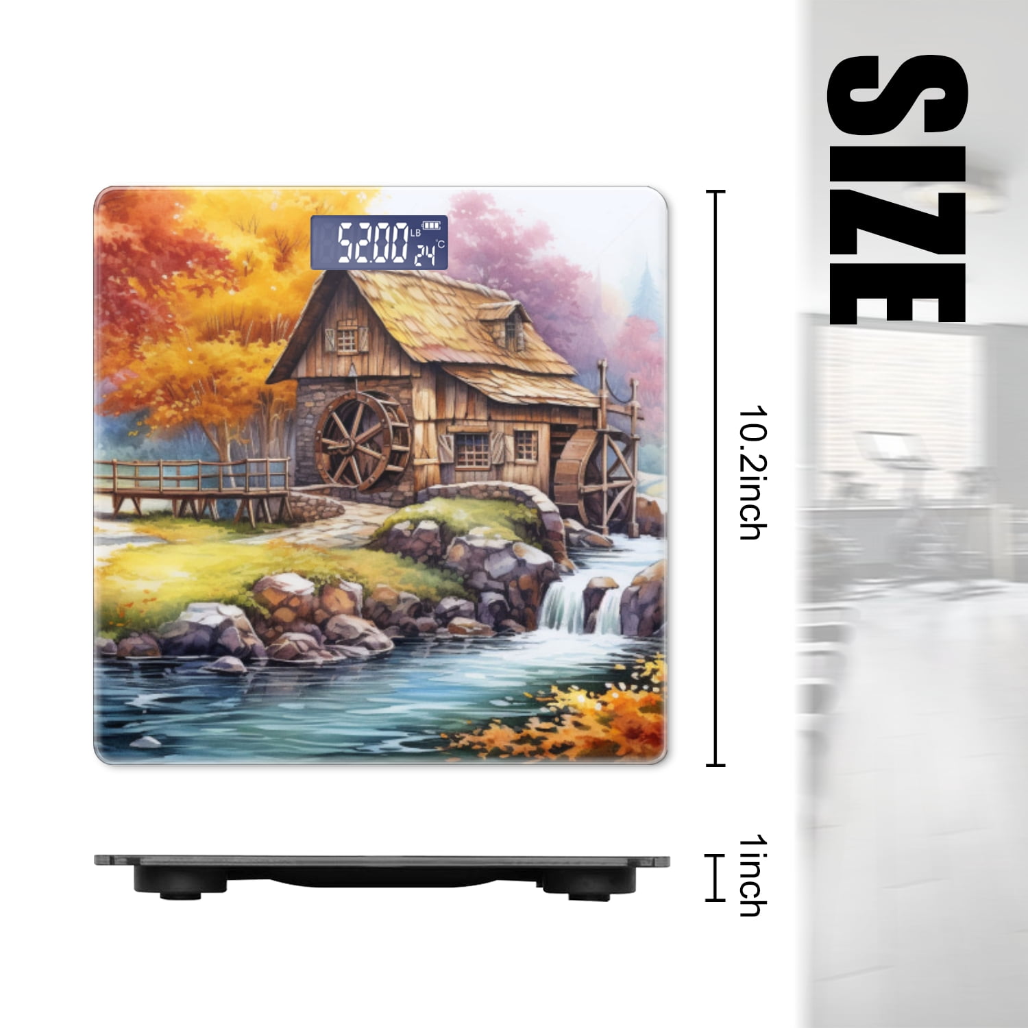 High Precision Body Weight Scale Smart Bathroom Scales with Large LCD Display(400lbs),Decorative for Bedroom-Old Wooden Mill With Water Wheel By The River In Autumn