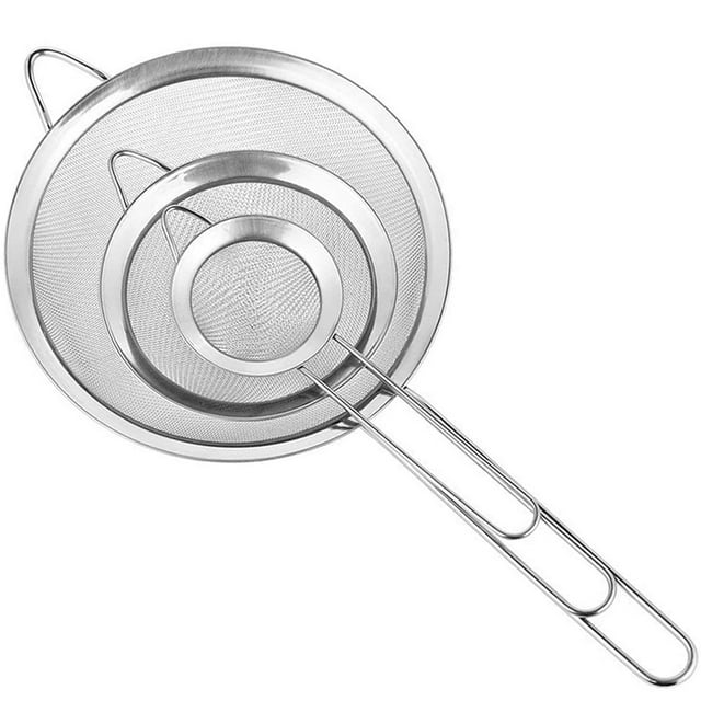 TORUBIA Stainless Steel Fine Mesh Strainers. Set of 3 Graduated Sizes Strainer Wire Sieve with Insulated Handle for Kitchen, Cooking, Food Preparation.