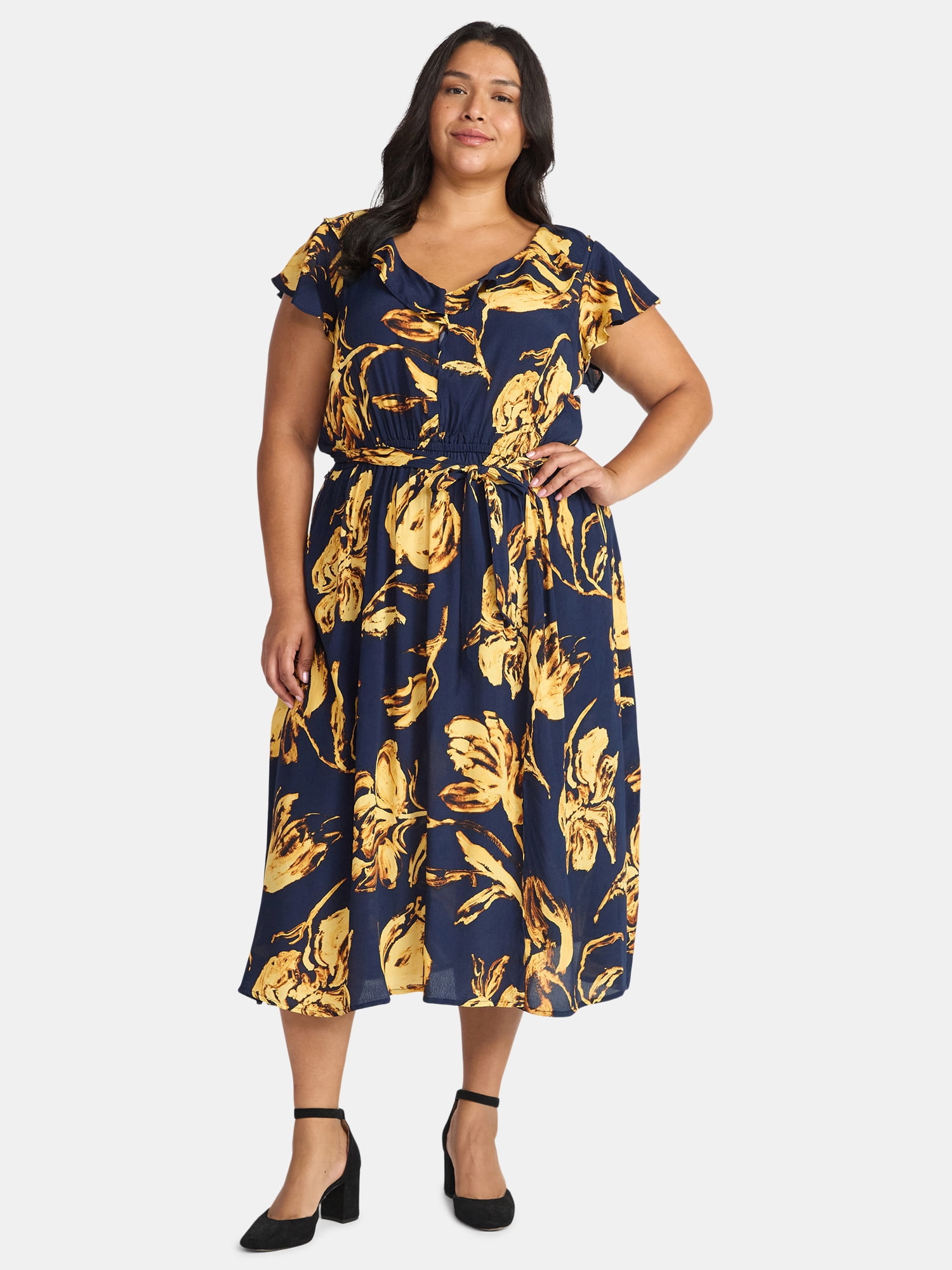 Time and Tru Women's and Women's Plus Ruffle Midi Dress with Flutter Sleeves, Sizes XS-4X