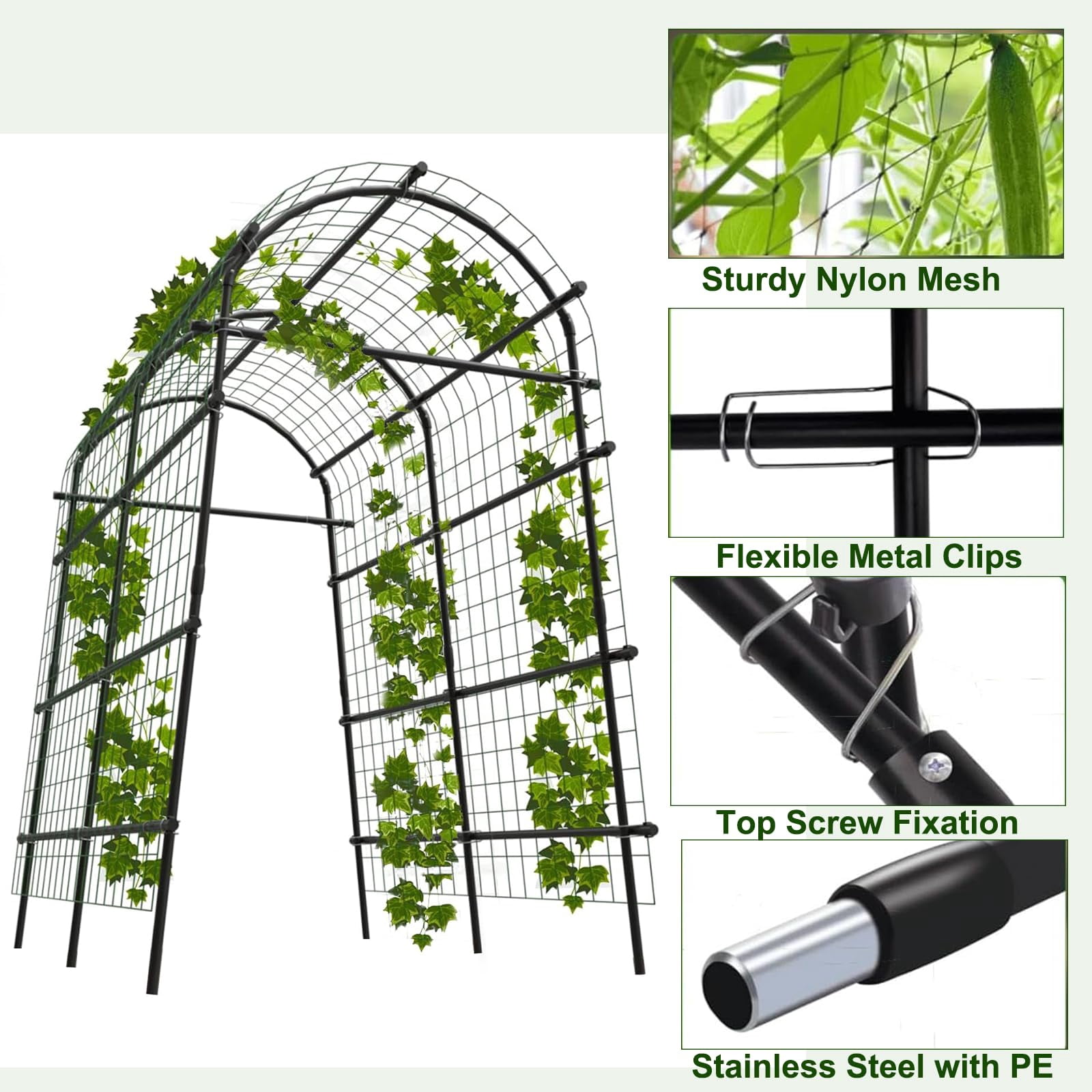 Garden Arch Trellis for Climbing Plants, 7FT Tall Cucumber Trellis with Clips & Nylon Net, Archway Arbor Plant Support for Raised Bed