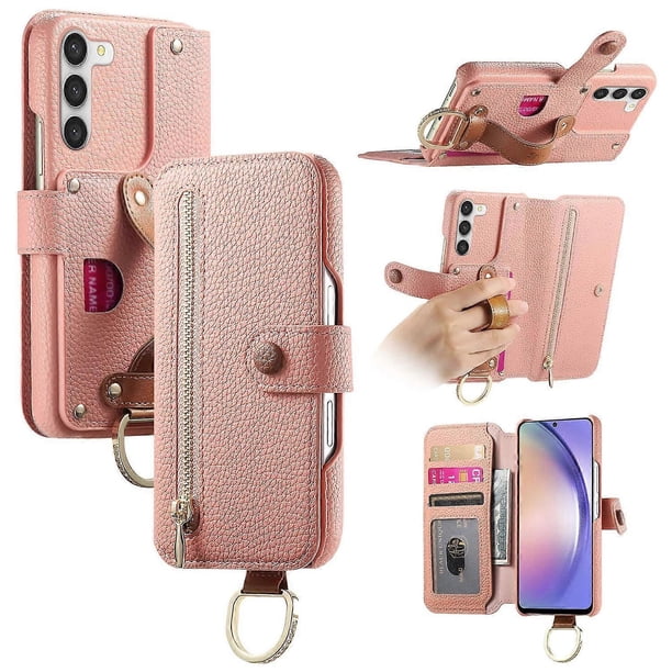 For Samsung Galaxy S23 Case RFID Blocking Zipper Wallet PU Leather Mobile Cover - Pink