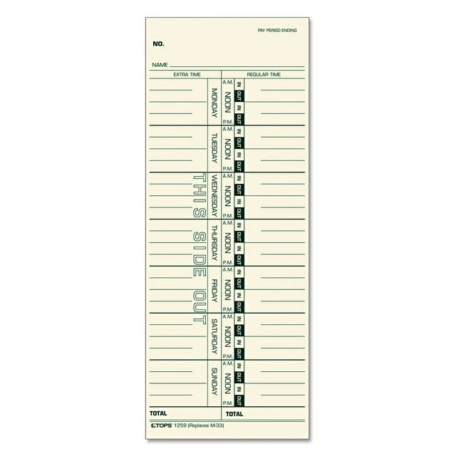 Tops 1259 Weekly Time Card, 3-1/2-Inch x9-Inch, 500/BX Days Printed on Card
