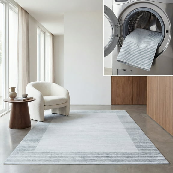 SAFAVIEH Malibu Antonio Striped Machine Washable Area Rug, Ivory/Grey, 9' x 12'