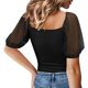 thumbnail image 4 of Camiseta con cuello cuadrado para mujer, camiseta con manga de malla transparente y lunares, mono acanalado, camisas cortas, 4 of 6