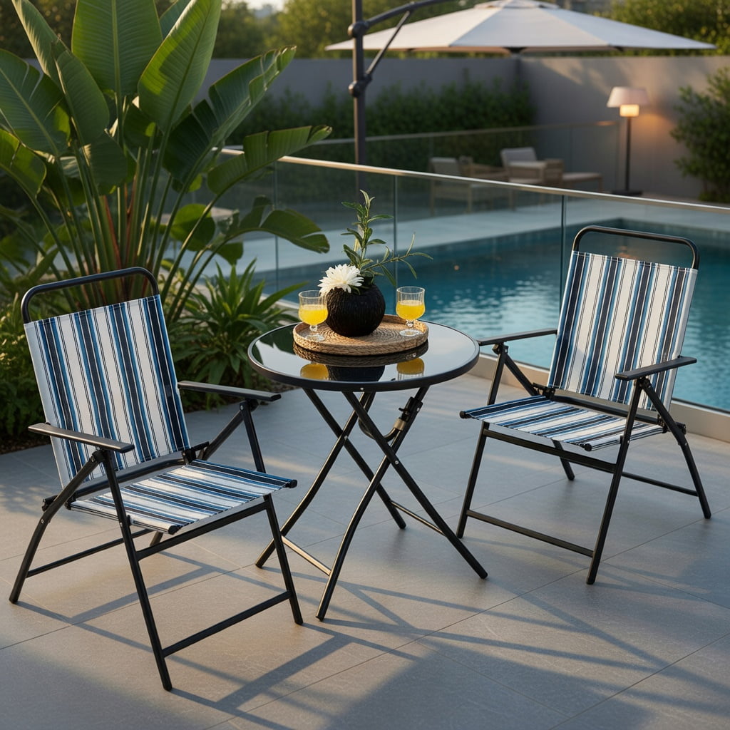 Hommoo 3-Piece Portable Outdoor Folding Chair & Round Table Set, Metal Frame, Breathable Fabric Seats, Easy-Fold for Backyard, Poolside & Balcony, Blue