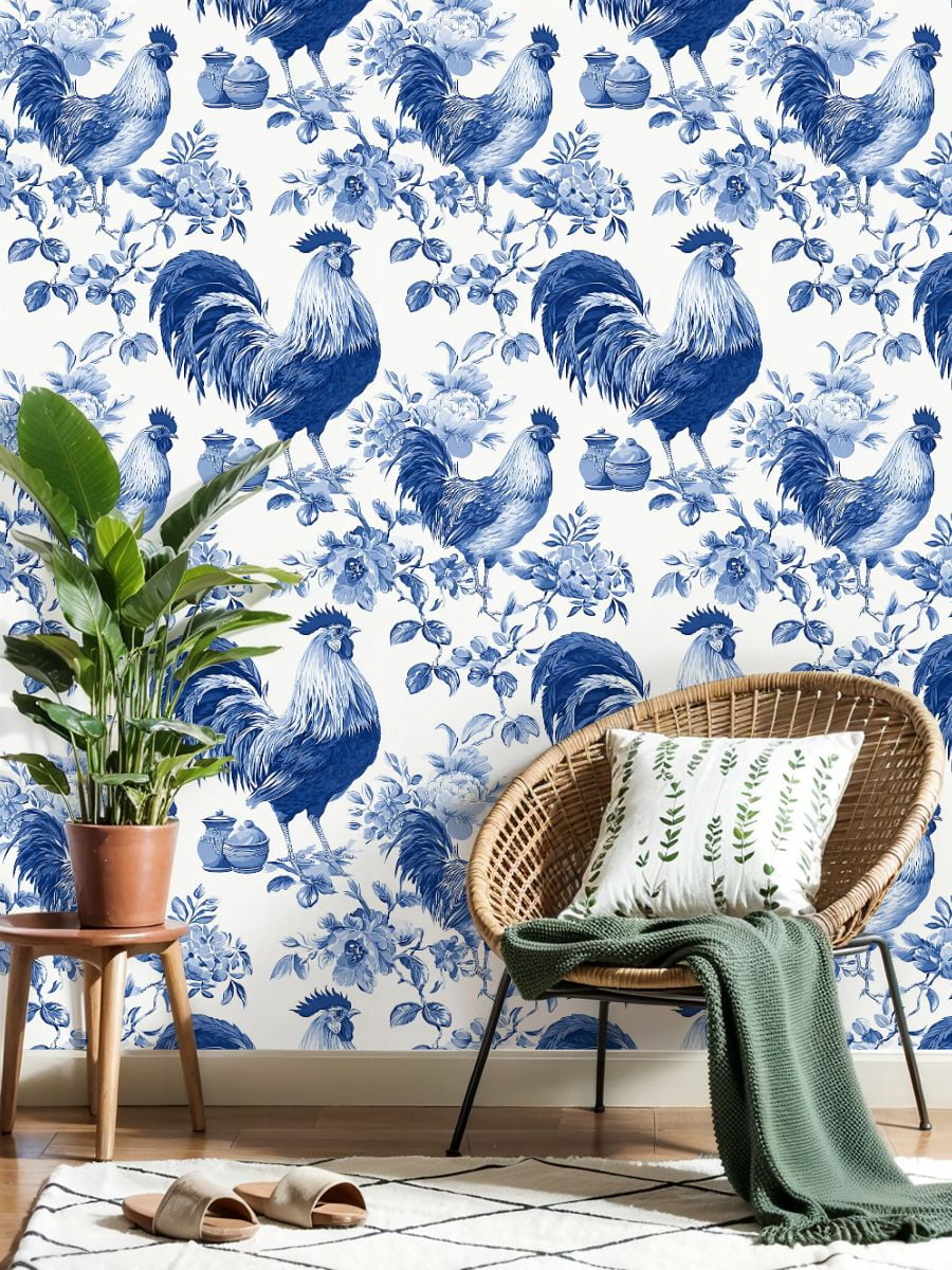 Chicken Peel and Stick Wallpaper Roosters Chickens Blue White Toile Floral Wall Mural 23.6in x 9.8ft Self Adhesive Removable Wall Paper Renter Friendly Wallpaper for Nursery Bedroom Cabinets