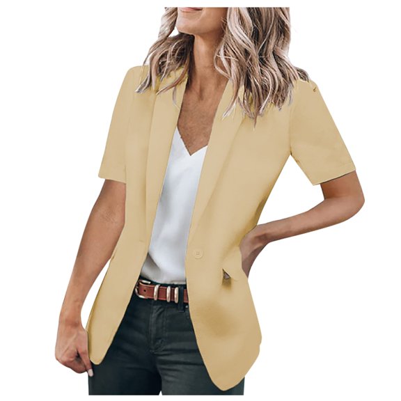 Casual Blazers fpr Women Short Sleeve Lapel Open Front Jackets with Pockets Solid Color Work Office Suit Jacket Button Fashion Minimalist Design Clothes for Daily & Work Beige L
