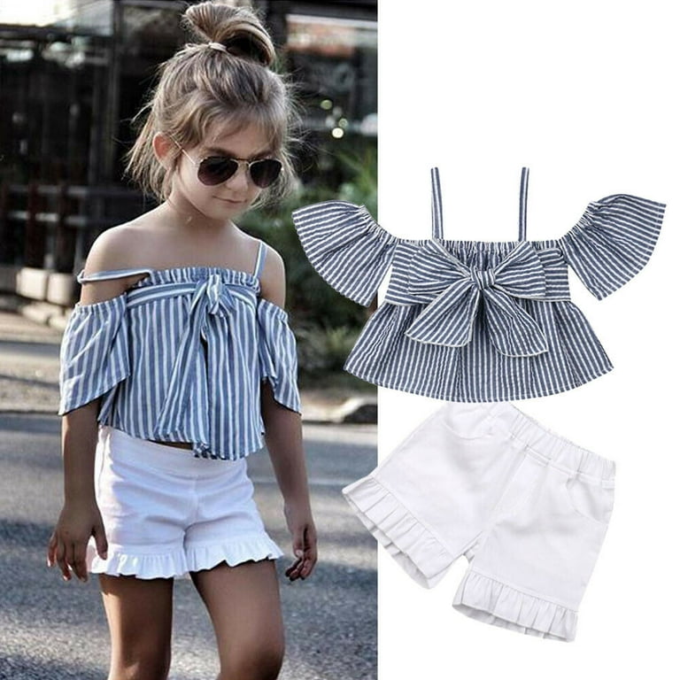 Qtinghua Toddler Kids Baby Girls Off Shoulder Striped Crop Top Bowknot  Blouse+Ruffle Shorts Summer Outfits White 6-7 Years