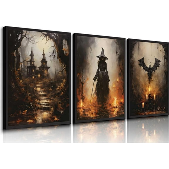 Halloween Wall Art Horror Pumpkin and Witch Party Canvas Paintings Vintage Gothic Wall Decor Spooky Castle Prints Flying Bat Moon Night Posters Pictures for All Saints' Day Unframed
