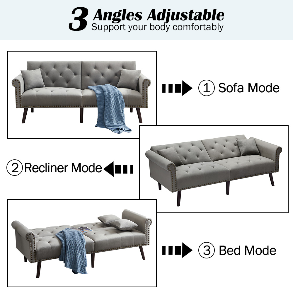 Modern Futon Sofa Bed, Convertible Folding Velvet Sofa Bed with Rubber Wood Legs, Metal Nail Decor, 2 Pillows, Mid Century Sofa Recliner Couch Living Room Furniture for Small Space, Light Gray, Q6320 - image 3 of 8