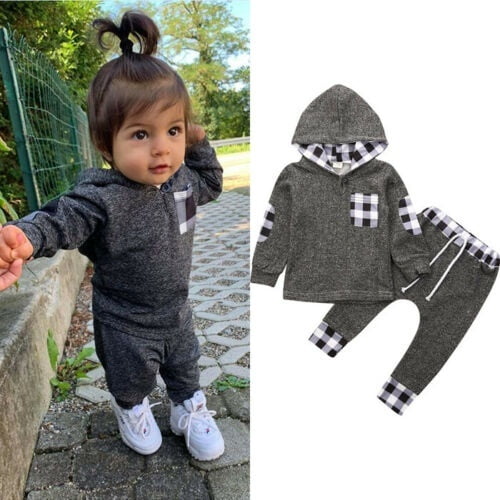 Autumn Winter Fashion Baby Boy Girl Kids Plaid Clothes Long Sleeve Hoodie Tops Sweatshirt Pants Outfit Set Tracksuit