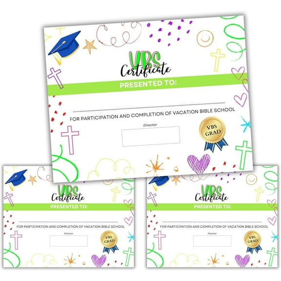 VBS Certificates of Completion  50 pk Attendance Graduation Certificate Religious Award for Kids 11x 8.5 Bible School Participation Supplies