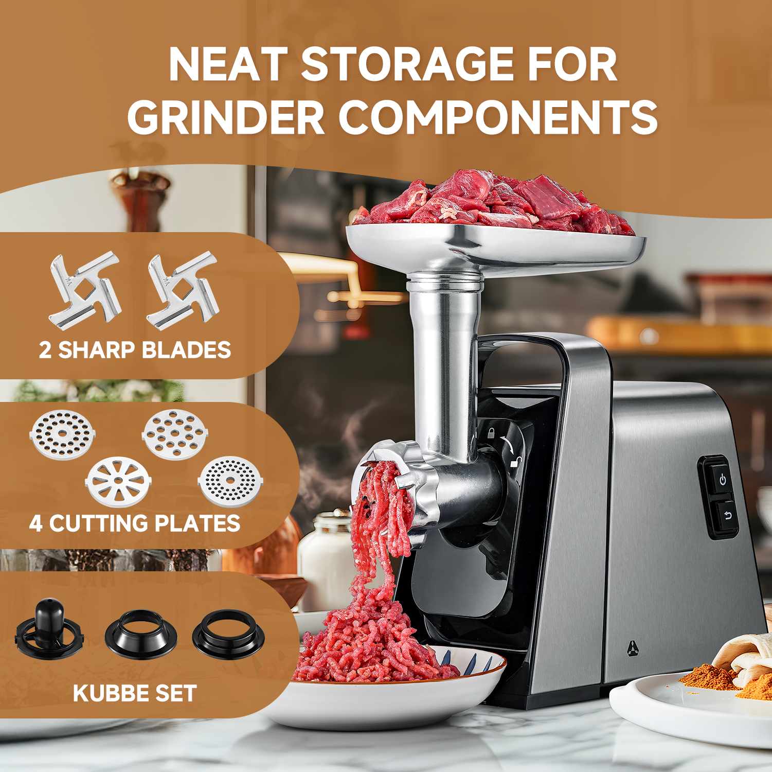 Sunmaki Electric Meat Mincer Machine with 2 Stainless Steel Blades & 4 Grinding Plates