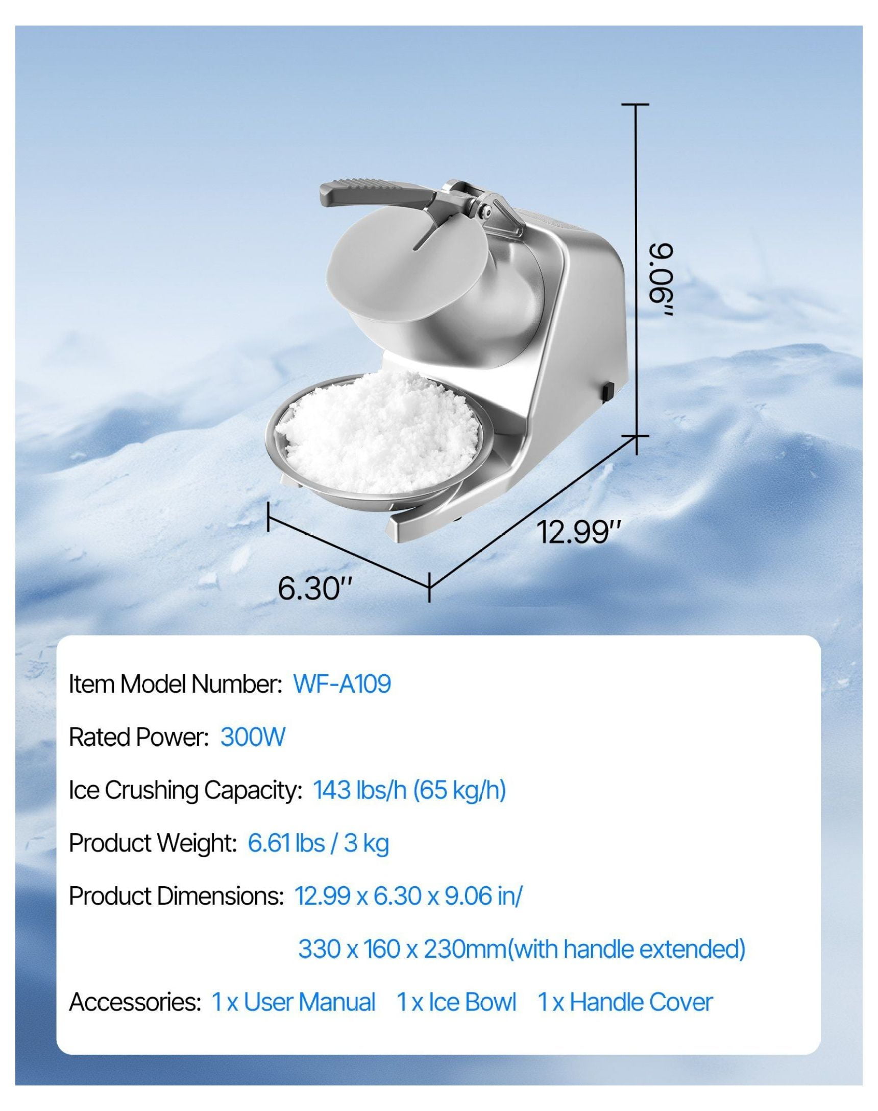 Ice Crusher Machine, Electric Snow Cone Maker - 143lbs/hr, Stainless Steel, 300W - Home & Commercial Ice Shaver with Bowl & Cover