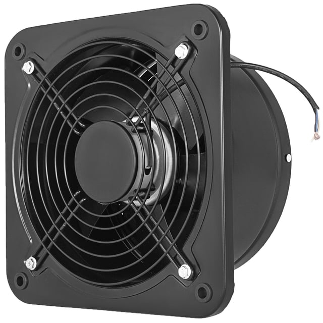 vevor 125w 10" parrilla axial de la fan de la placa del extractor del ventilador de aire de la ventilación industrial Vista frontal con placa cuadrada metálica negra de 12 x 12", rejilla de alambre fijada por cuatro tornillos, cinco aspas metálicas integradas, carcasa cilíndrica trasera y cables de alimentación; cuatro orificios para montaje, diseñado para extracción comercial de alto flujo en talleres o cocinas, y a menudo usado para renovar ventilación localizada.