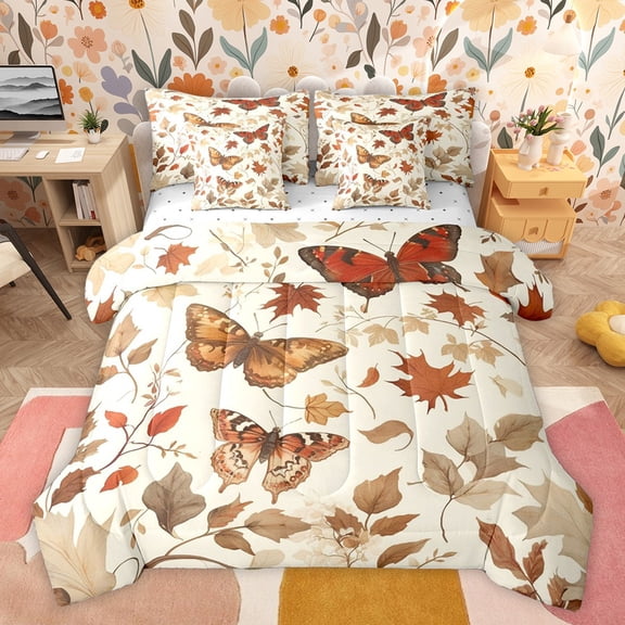 Castle Fairy Female Men Women Flying Butterflies Twin Bedding Sets 7-Piece,Autumn Fall Tree Leaves Bedding Comforter Set Microfiber,Retro Vintage Aesthetic Breathable Sheet Sets,Luxury Bedroom Decor