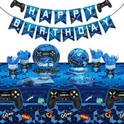 172 Pcs Video Game Party Decoration Set Happy Birthday Banner Gamer Supplies Plastic Tablecloth Paper Plates Tableware for Player Birthday Pack, Serving 24 Guests(Blue)