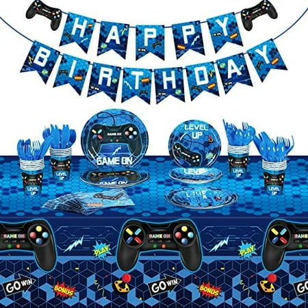 172 Pcs Video Game Party Decoration Set Happy Birthday Banner Gamer Supplies Plastic Tablecloth Paper Plates Tableware for Player Birthday Pack, Serving 24 Guests(Blue)