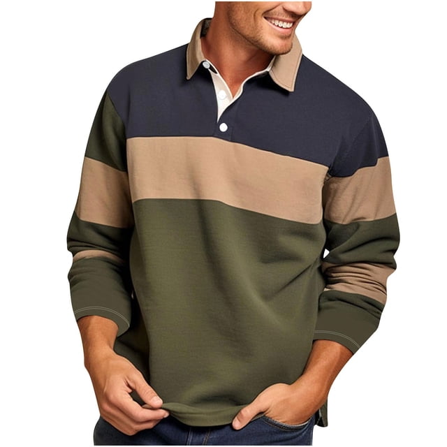 Fengqque Chemise à Manches Longues à Rayures Color Block pour Hommes Chemise Boutonnée Col Golf Décontractée Vert Armée TTTTG(TTTTG)
