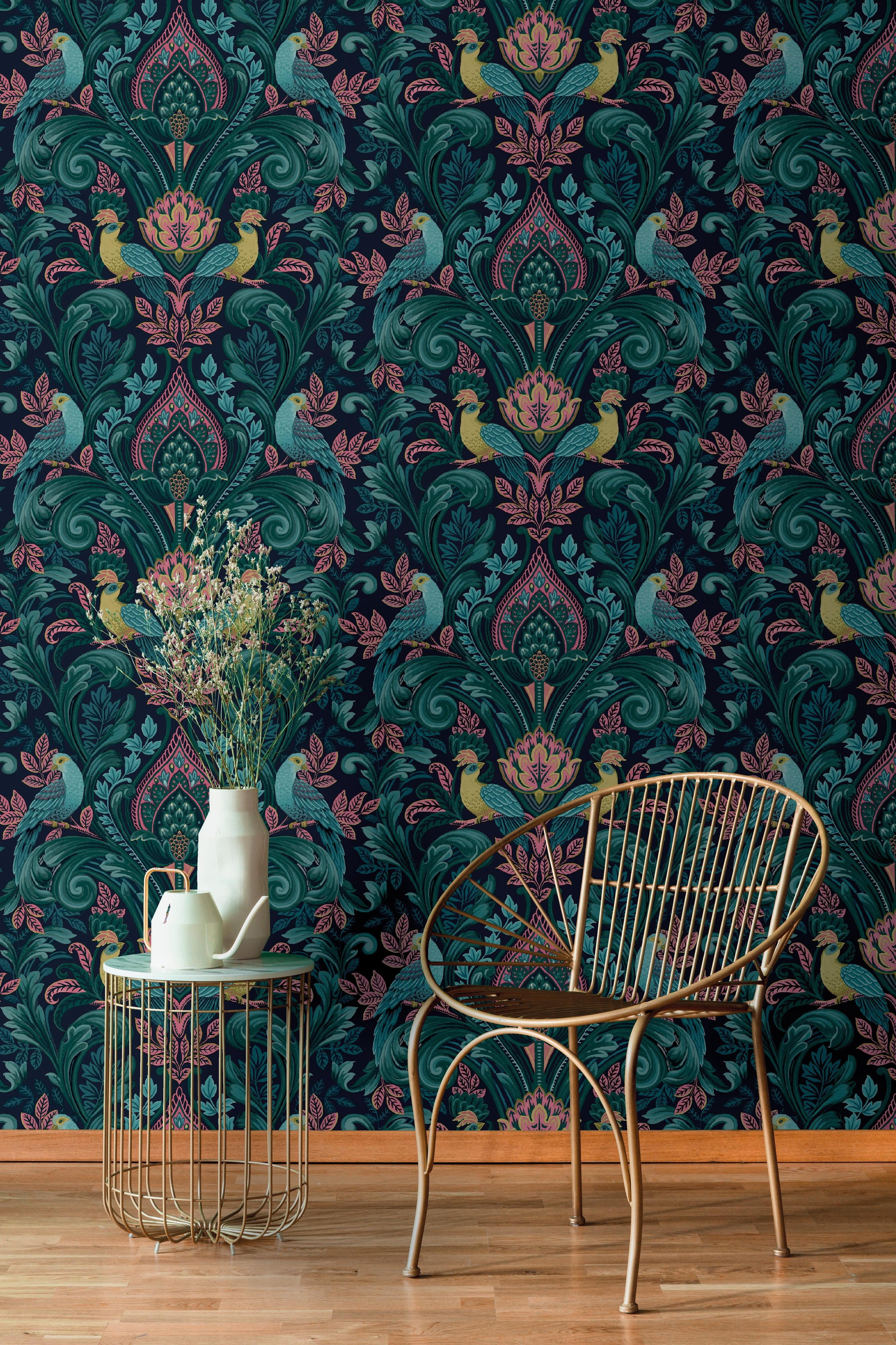 Pink Bold Tropical Damask Printed Non-Woven Non-Pasted Textured Wallpaper 57 Sq. Ft.