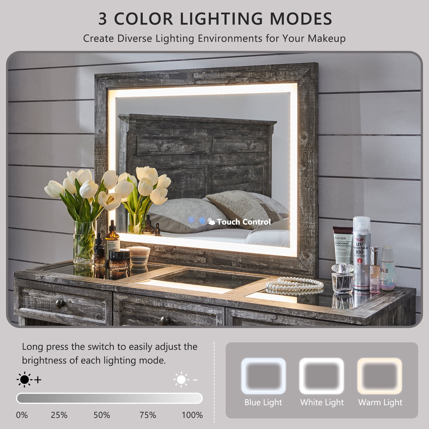 Farmhouse Vanity Desk with Glass Top, Corner Makeup Vanity Set with 30" HD Led Mirror and 3 Color Available Lights, 9 Storage Drawers, Wood Vanity Table for Bedroom