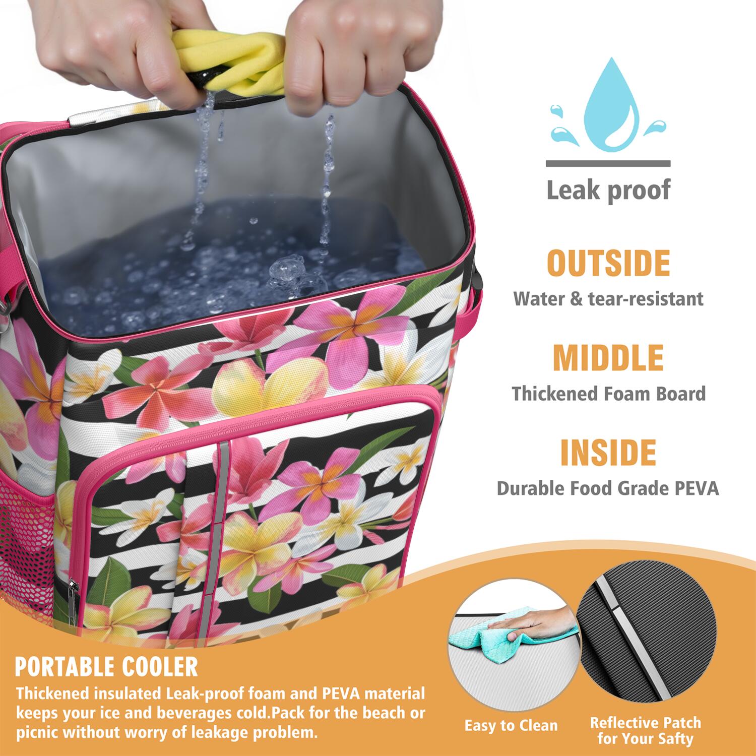 Travel Cooler Bag - Pioneer Flower Floral Print Pattern Camping Beer Cooler Backpack with Bottle Opener- Waterproof Insulated Picnic Backpacks - Cooler Bag for Beach