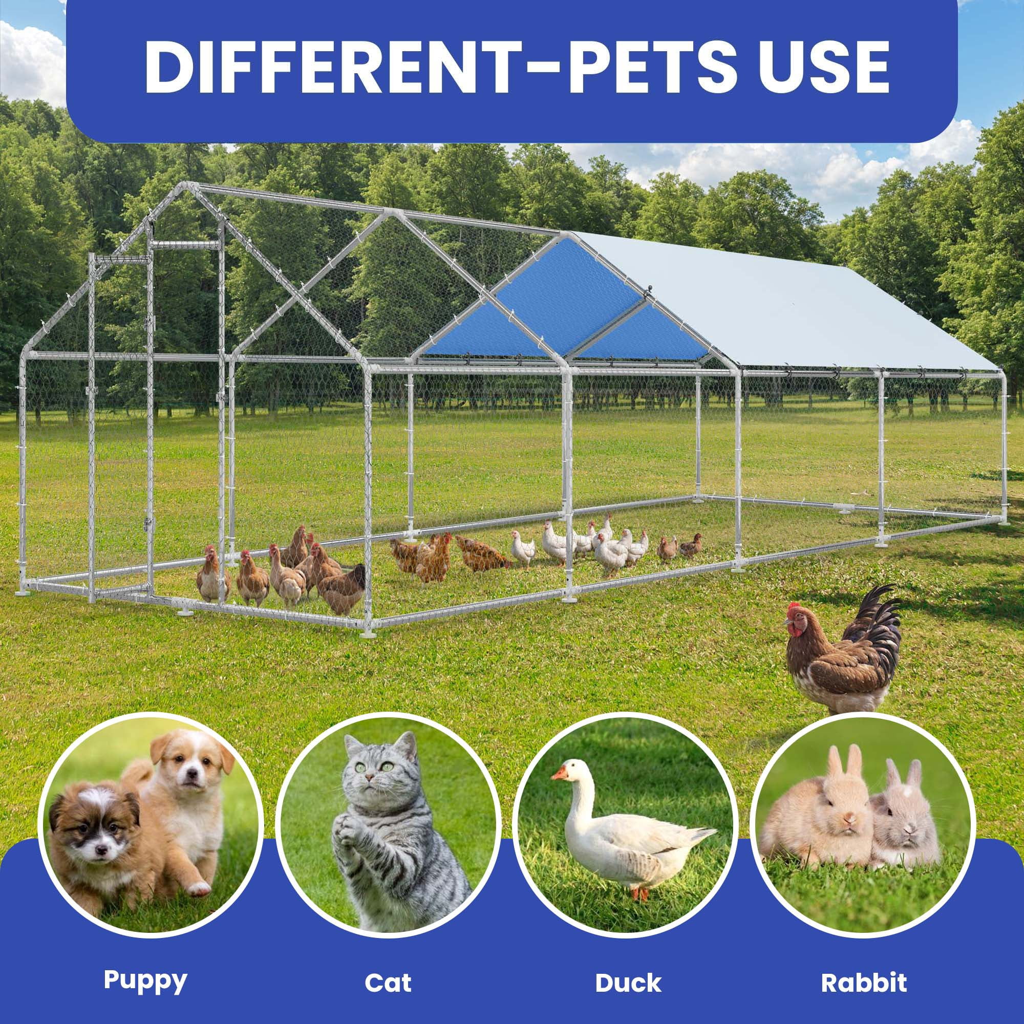 Uforic Chicken Run Coop 26 x 9.8 x 6.4 FT Large Metal Spire Shaped Chicken Coop, Walk-in Hen Cage, Outdoor Poultry Cage with Waterproof Anti-UV proof Cover and Wire Mesh for Backyard,Outdoor Farm Use