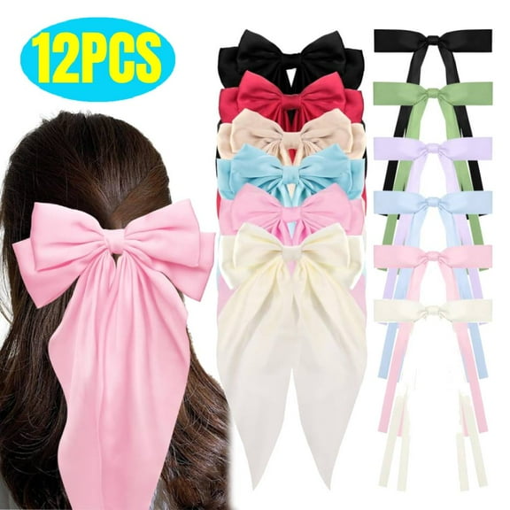 Hair Bows for Women 12 Pcs Tassel Hair Ribbon Clips, 6 Pcs Big Hair Bow with Long Tail & 6 Pcs Hair Ribbon Barrettes Coquette Bows Ponytail Holder Slides Metal Clips Hair Accessories for Women