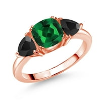 Gem Stone King 18K Rose Gold Plated Silver Green Nano Emerald and Black Onyx 3 Stone Engagement Ring for Women (1.37 Cttw, Gemstone May Birthstone, Available in Size 5, 6, 7, 8, 9)