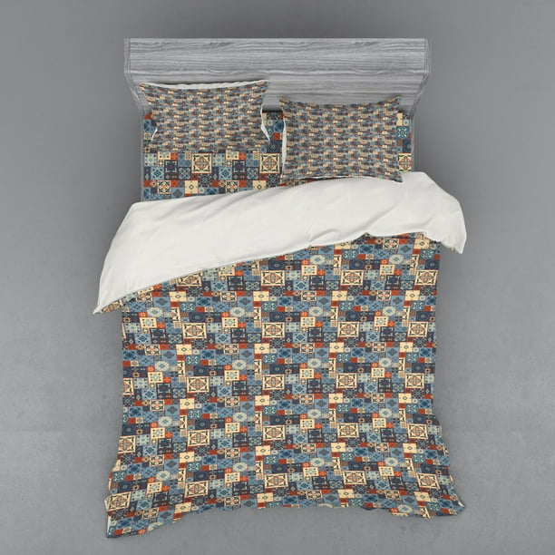 Moroccan Duvet Cover Set Grid Style Square Pattern Ornamental