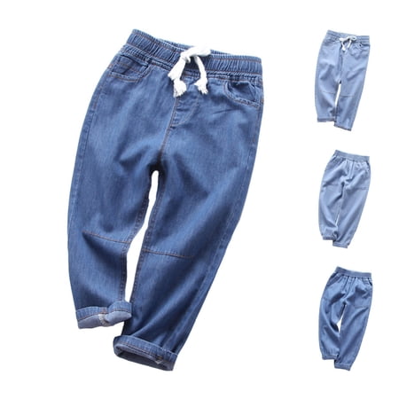 Rggeeun Child Boys Pants Denim Jogger Pants Woven Elastic Waist Front Patch Pockets Ankle Length Soft Fit Summer Club Party Comfort Trousers Blue 18-24 Months