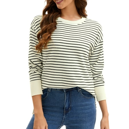 ATHLECHIC Women's Striped Knit Sweater Crew Neck Oversized Side Slits Pullover Tops Fall Casual Outfits S Apricot-black