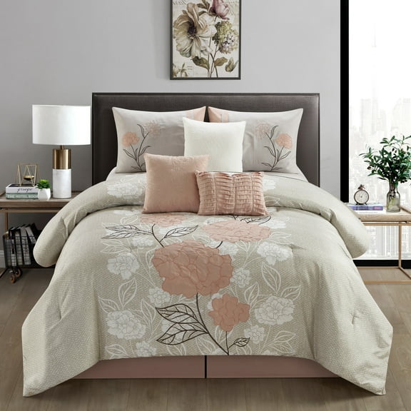 Nanshing Linda 7 Piece Chic Floral Comforter Set, California King, Blush
