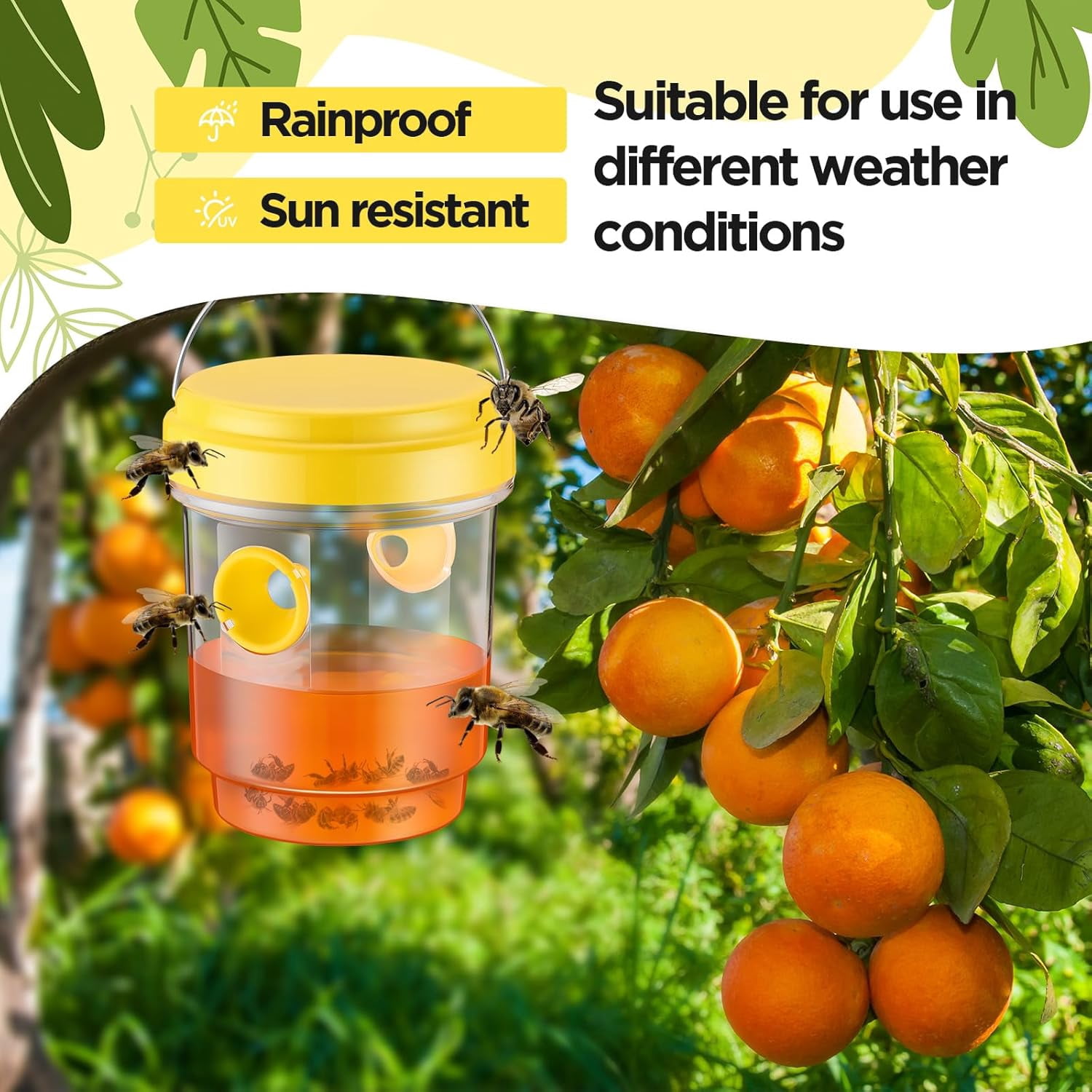4-Pack Solar Wasp Traps Outdoor Hanging, Reusable Solar Bee Trap for Outside with LED Light, Hornet Traps, Bee Wasp Catcher Outside Garden, Yellow