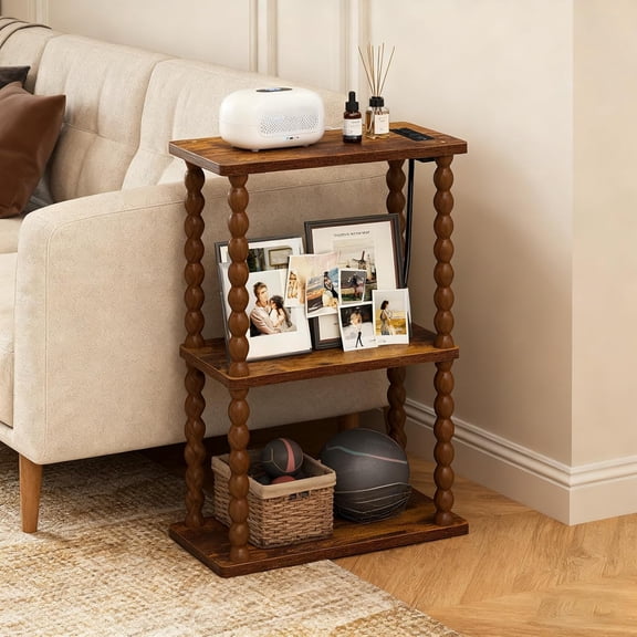 Side Table Set of 2 with Charging Station, Rustic Brown Bamboo End Tables for Living Room Bedroom