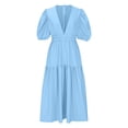 thumbnail image 4 of Women's Deep V Neck Puff Short Sleeve Tiered Dress Elastic High Waist Flowy A Line Midi Dresses Light Blue,S, 4 of 7