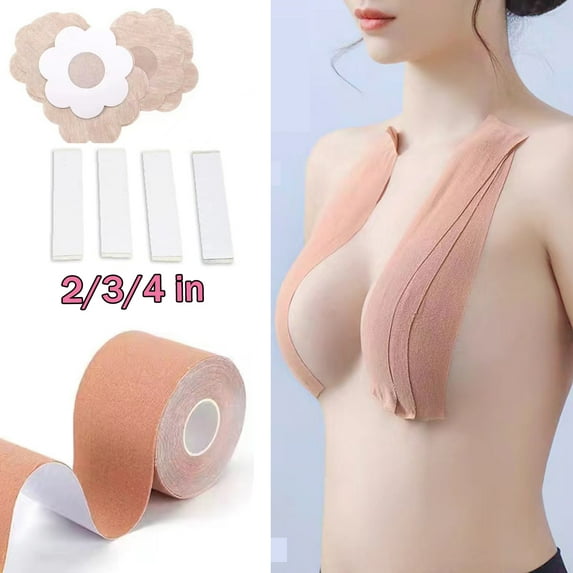 Body Tape for Breast Lift with Satin Breast Petals,Silicone Nipple Stickers,Double Side Tape Invisible Adhesive Bra | A-E Cups | Waterproof Sweat-Proof Bob Tape…