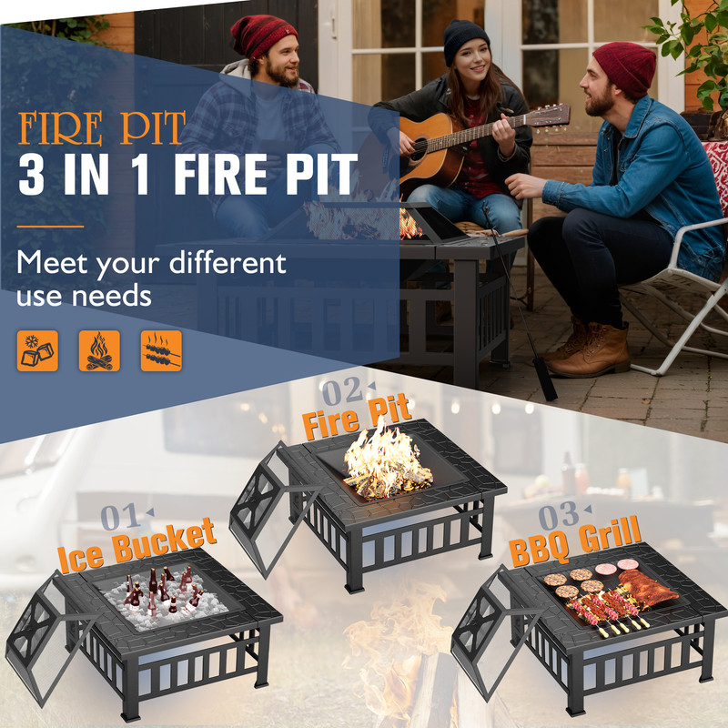 Devoko Outdoor 32" Square Metal Fire Pit with Cover and Poker, Matte Black