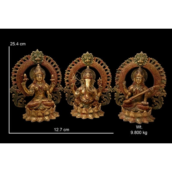 Artistic Kraft Creation 25.4CM Ganesh Saraswati Laxmi Statues, Brass Hindu Idols