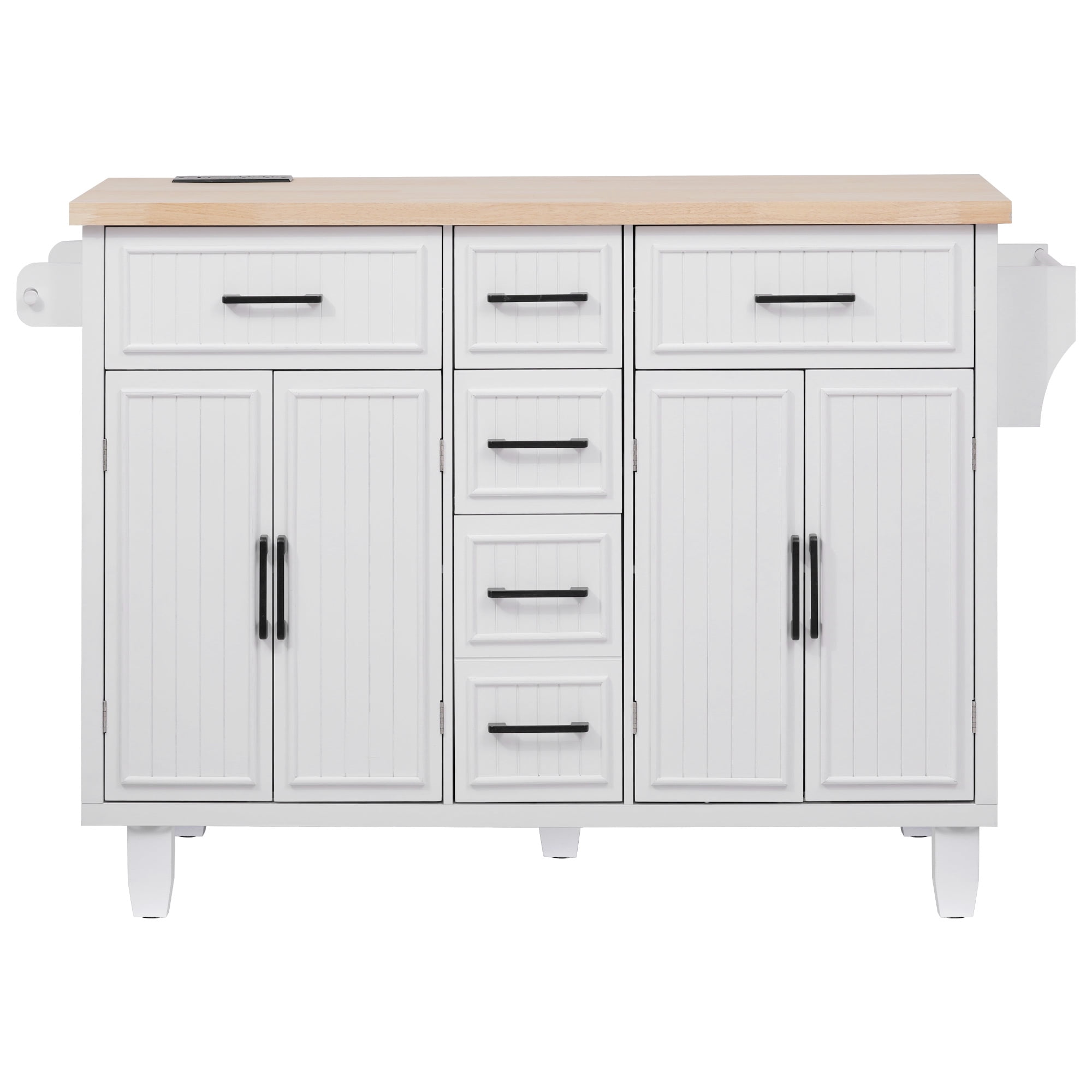 56.5'' Kitchen Island with Drop Leaf, Power Outlet, Embossed Vertical Stripe Rolling Kitchen Cart on Wheels with 4 Doors , 5 Deep Drawers and Adjustable Shelves, for Kitchen, Dining Room, White