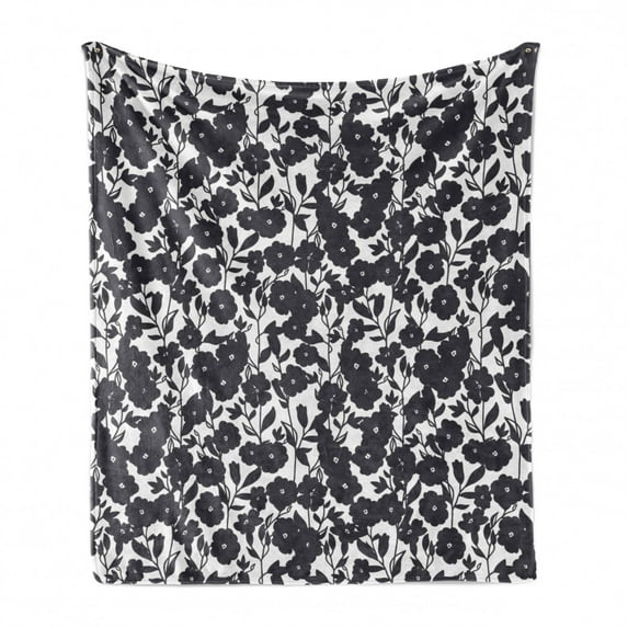 Floral Soft Flannel Fleece Blanket, Dark Charcoal Gardening Flowers Leaves and Swirls Modern Art Print Image, Cozy Plush for Indoor and Outdoor Use, 70" x 90", Dark Navy Blue White, by Ambesonne