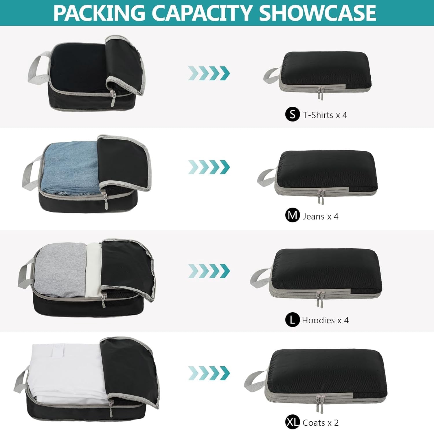 Compression Packing Cubes for Travel, 4 Set Expandable Packing Organizers, Lightweight Luggage Organizer Bags, Travel Essentials for Carry , Handy Helper for Organizing Clothes,Black
