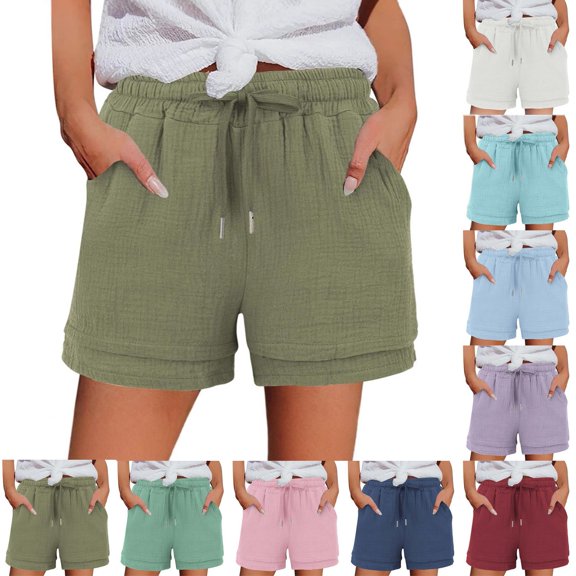 SROBPTY Womens Shorts Solid High Waist Drawstring with Pockets Summer Pants