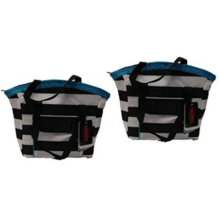 - Set of 2 Thermos Brand Insulated 9 Can Tote in Black and White Stripe with Blue