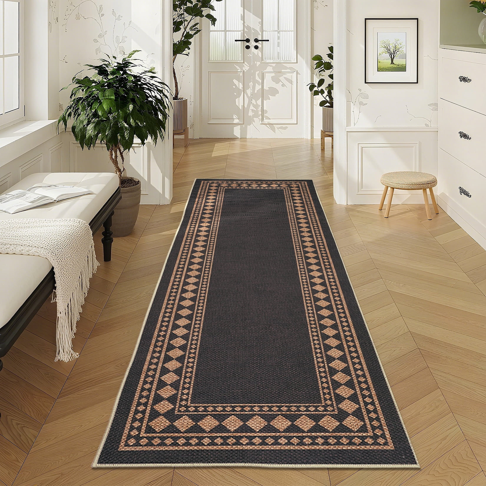 Garvee 2'x6' Modern Bordered Rug Solid Runner Rug, Geometric Washable Rugs Stain Resistant Low Pile Rug Non Slip Indoor Outdoor Carpet for Hallway Bedroom Home Office, Black and Coffee