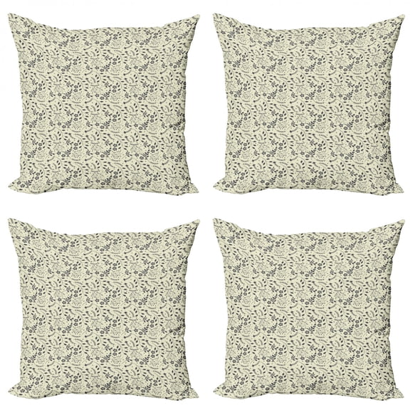 Ambesonne Floral Throw Pillow Cover 4 Pack, Blooming Spring Nature Theme, 24", Charcoal Grey Pale Green