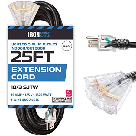 

25 Foot Outdoor Extension Cord with 3 Electrical Power Outlets - 10/3 SJTW Black 10 Gauge Extension Cable with 3 Prong Grounded Plug for Safety