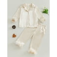 thumbnail image 4 of RUINIXCW Toddler Baby Girl Silk Satin Pajama Set Kids Spring Fall Winter PJS Set Sleepwear Fuzzy Trim Long Sleeve Button Down Shirt and Pants Set Loungwear Homewear, 4 of 9